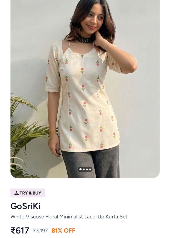 White Viscose Floral Lace-Up Kurta Set