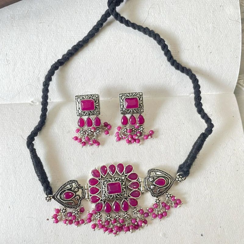 Pink Silver-Tone Jewellery Set