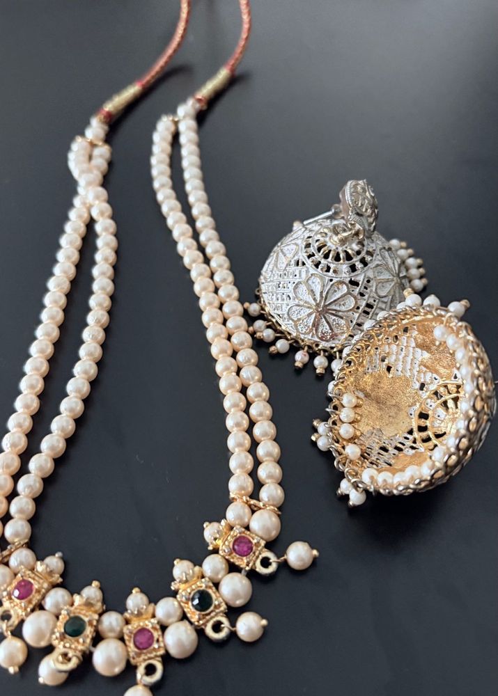 pearl mala  jhumka earing wit