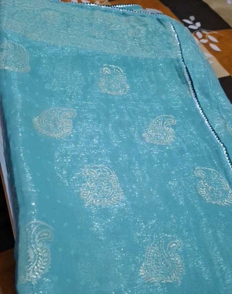 Turquoise Saree with Golden Paisley Print