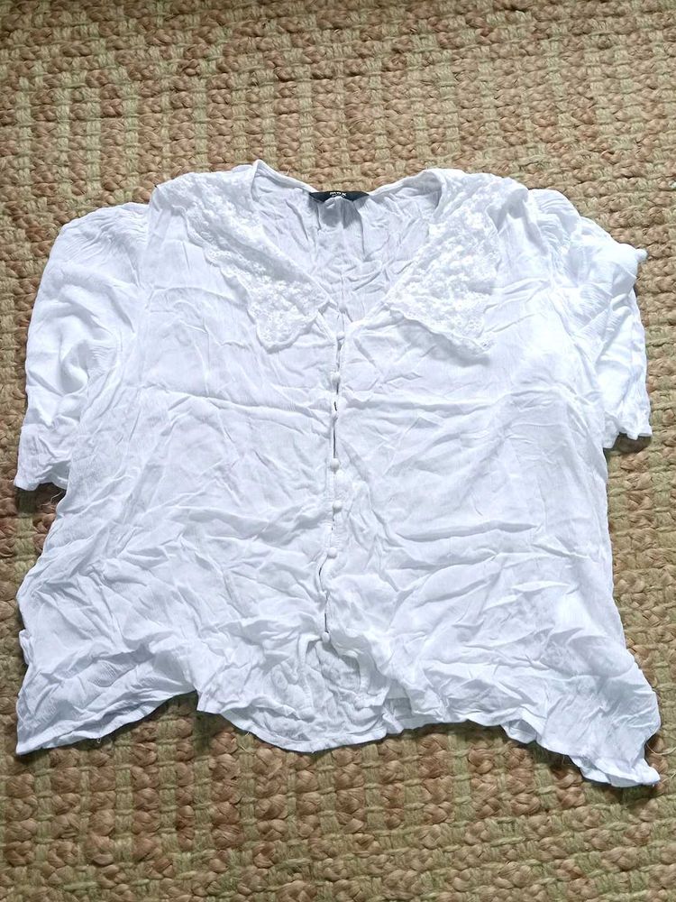 White Textured Top with Lace Detail