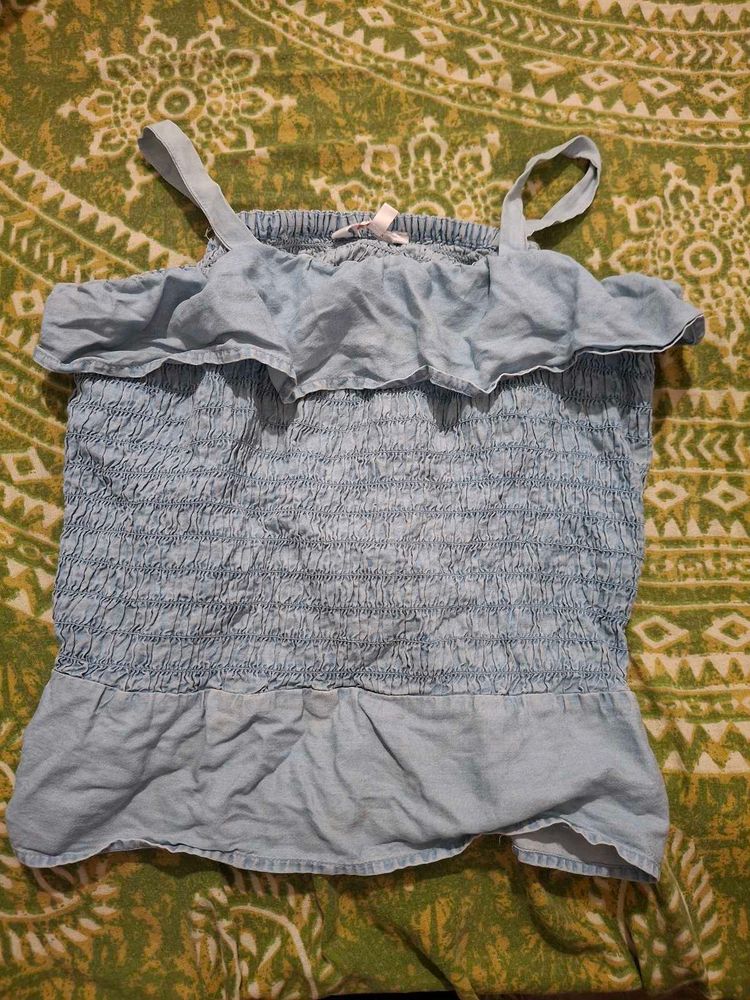 Light Blue Smocked Off-Shoulder Top