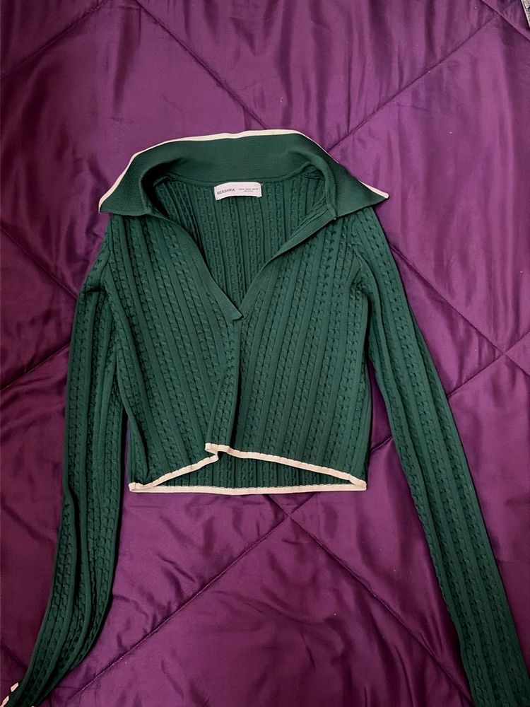 bershka green crop collared top