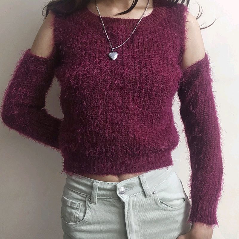 Burgundy Cold Shoulder Fuzzy Knit