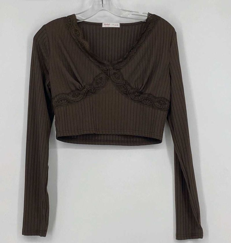 Brown Ribbed Lace Trim Crop Top💅
