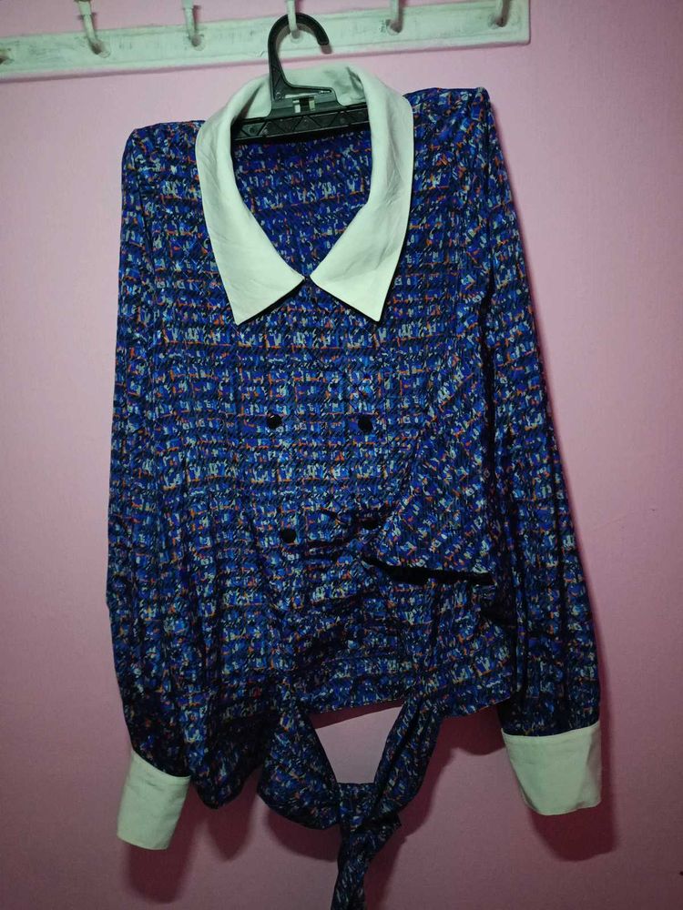 Blue Patterned Tie Waist Blouse