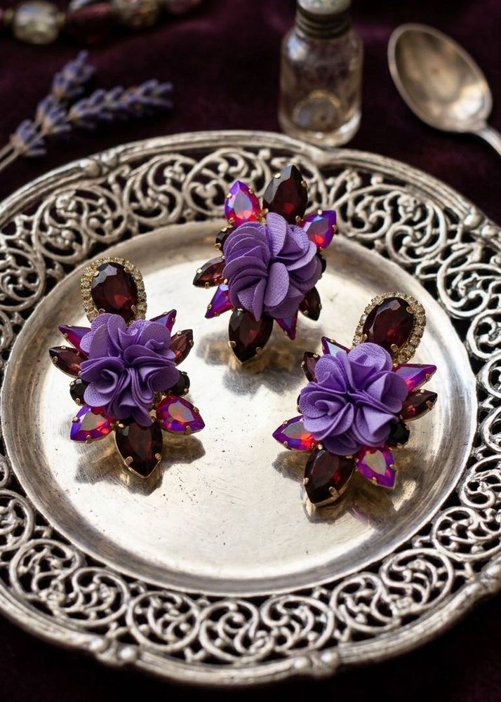 Exquisite Purple Flower &amp; Gemstone Earrings &amp; Ring