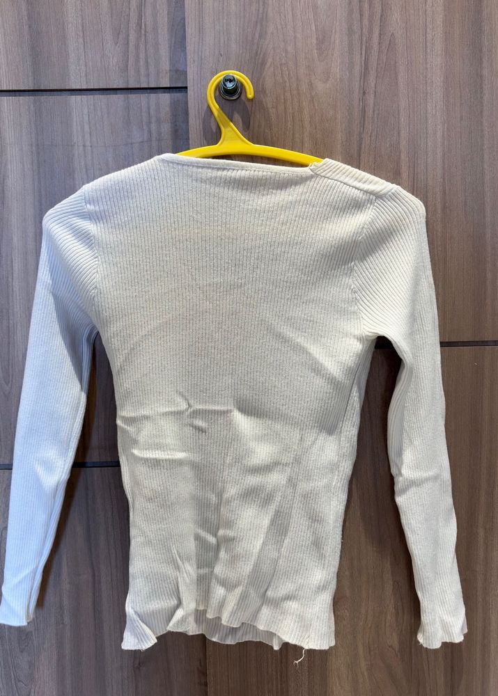 White V-Neck Ribbed Long Sleeve Top