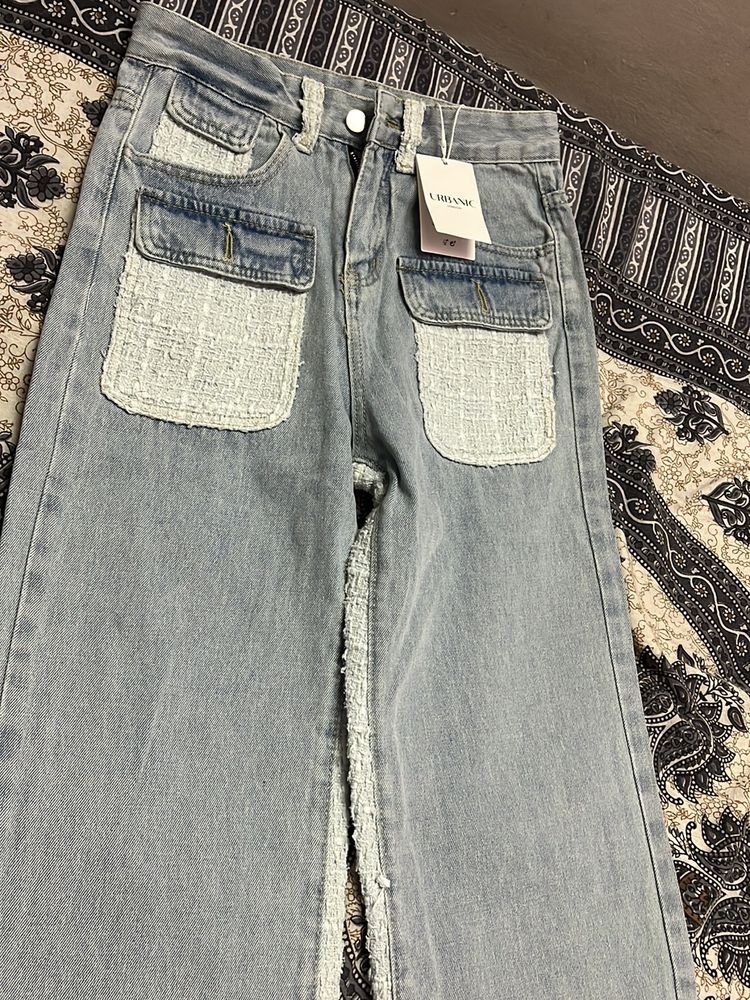 Trendy Tweed Pocket Wide-Leg Jeans