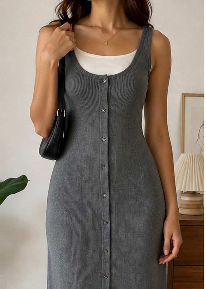 Ribbed Button-Front Midi Dress