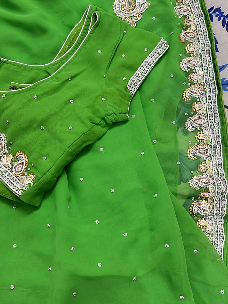 Parrot Green Colour Heavy Stone Work Saree With