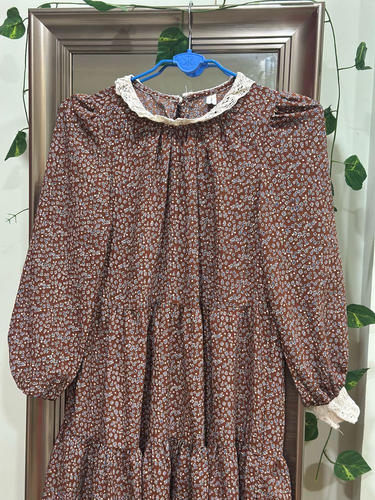 Brown Floral Print Dress with Lace Detail