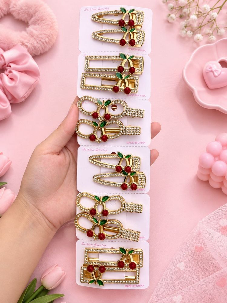 Cute Cherry Rhinestone Hair Clips Set