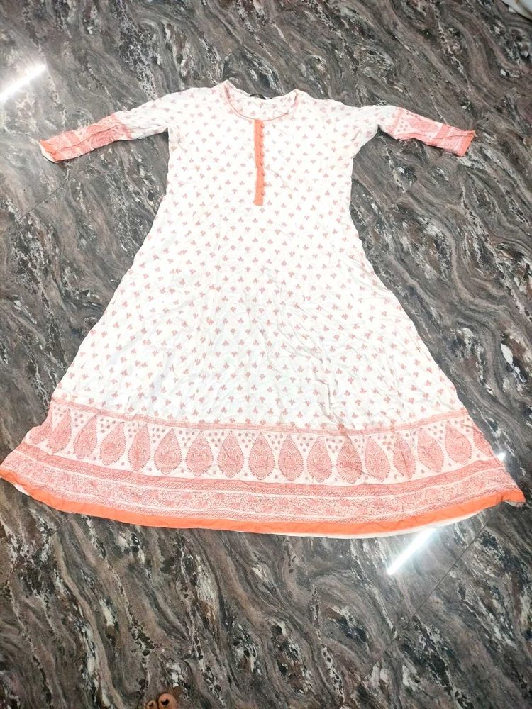 Elegant White &amp; Orange Printed Kurta