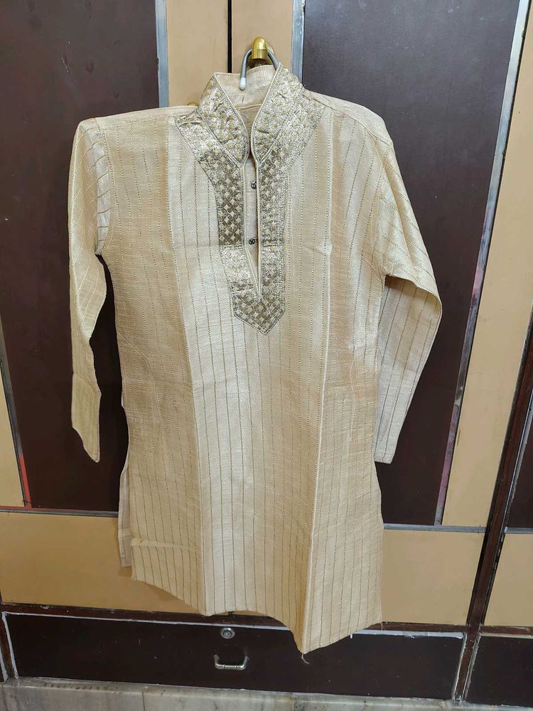 Men's Beige Embroidered Kurta