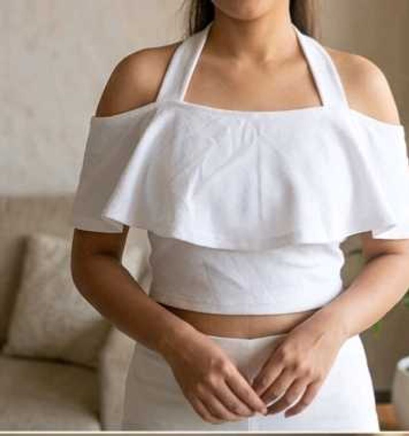 White Ruffle Off-Shoulder Halter Top