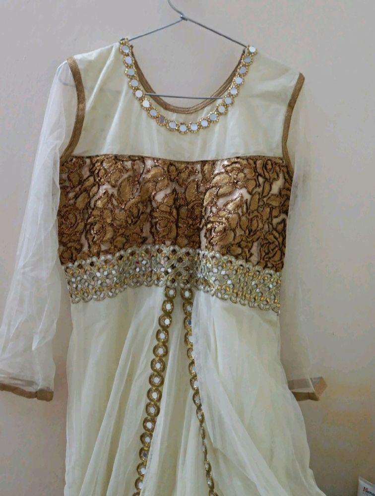 Elegant White &amp; Gold Anarkali Dress