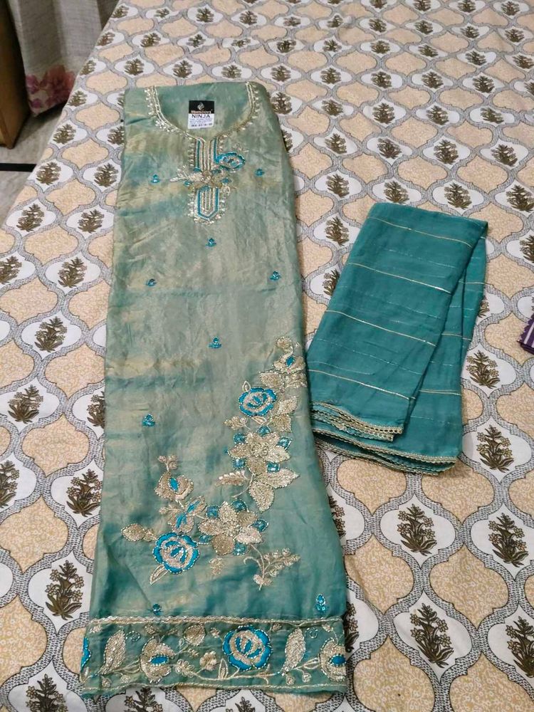 Stunning Teal Embroidered fendy silk  Kurta Set