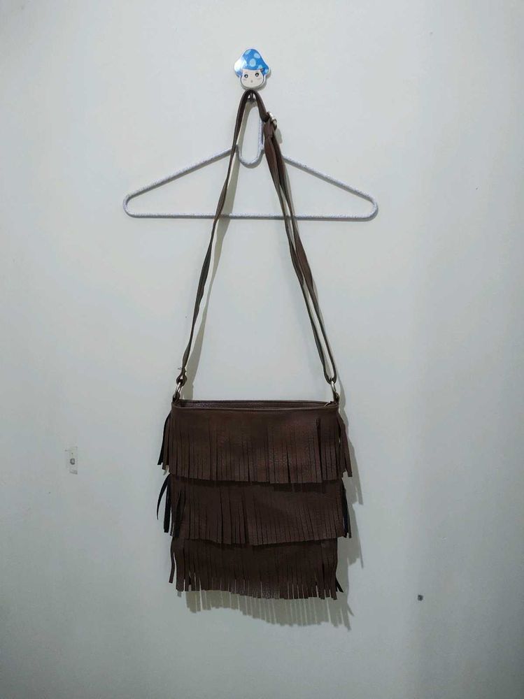 Brown Fringed Crossbody Sling Bag