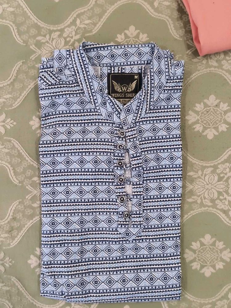 Stylish Blue Geometric Print Men's short kurta