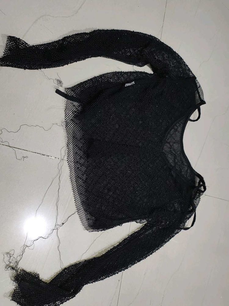 Black Mesh Long Sleeve Top