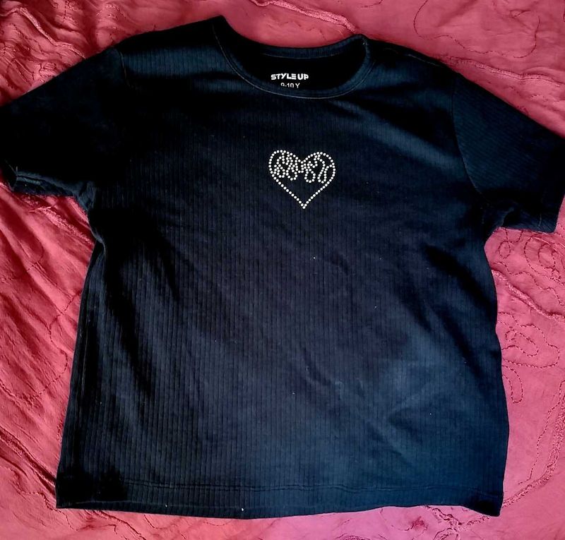 Black Ribbed T-Shirt with Heart Rhinestones