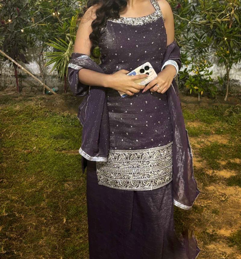 Elegant Dark Purple Kurta Set with Silver Embellis