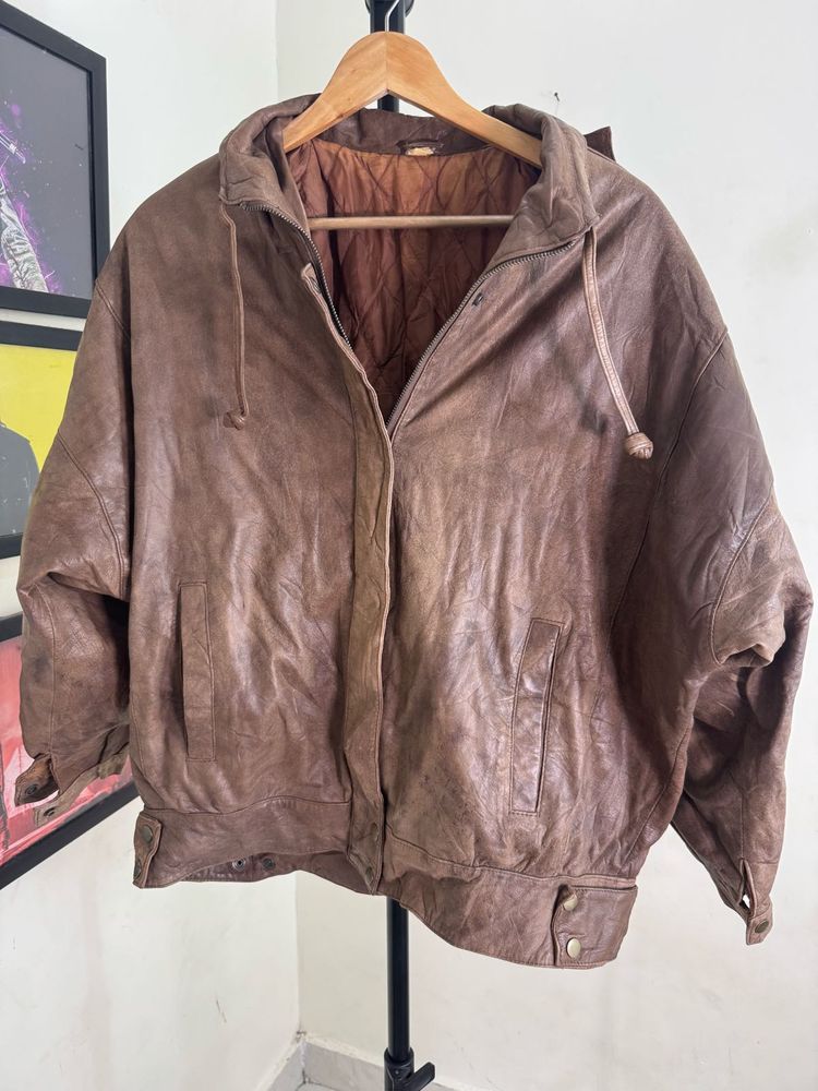 Brown Leather Bomber Jacket