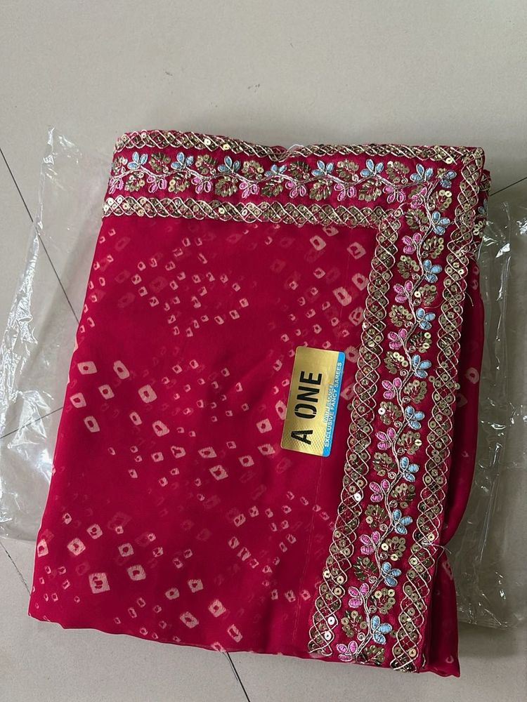 Raspberry pink Embellished Bandhani Saree
