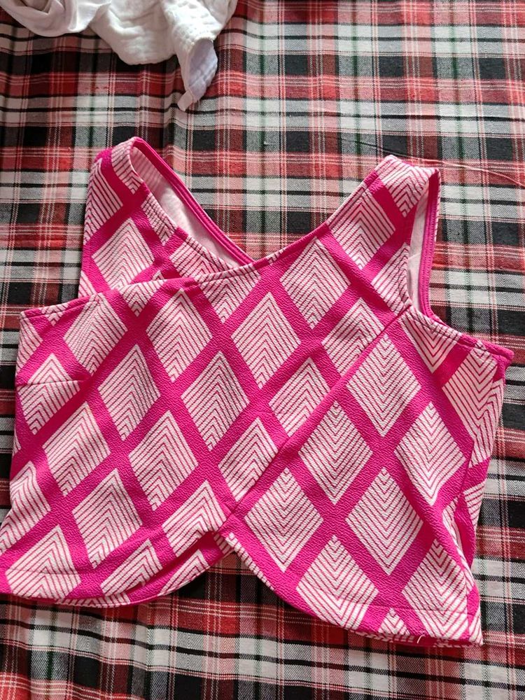 Bright Pink Diamond Print Crop Top