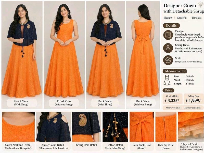 Designer Orange Gown with Navy Shrug