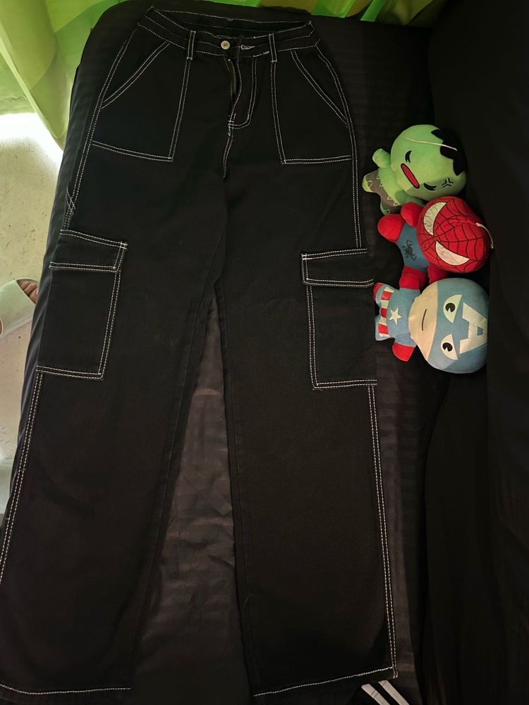 Black Cargo Pants with White Stitching