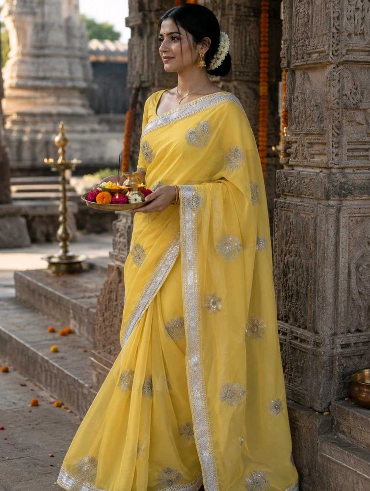 Elegant Yellow Embroidered Saree
