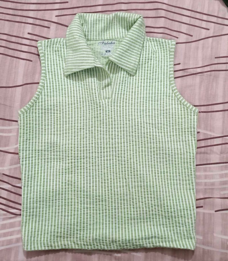 Striped Sleeveless Collared Top