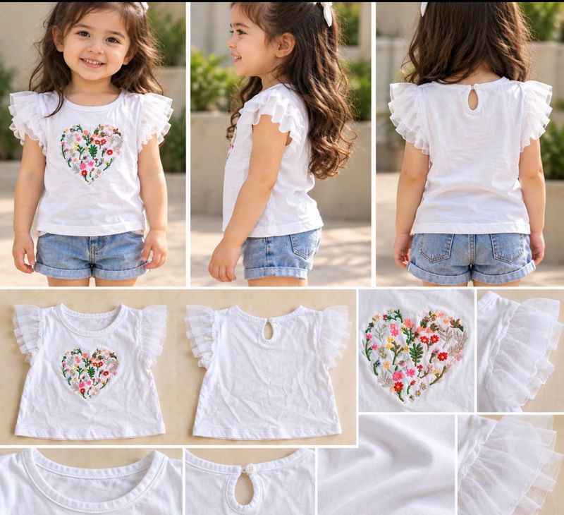 White T-Shirt with Floral Heart Embroidery