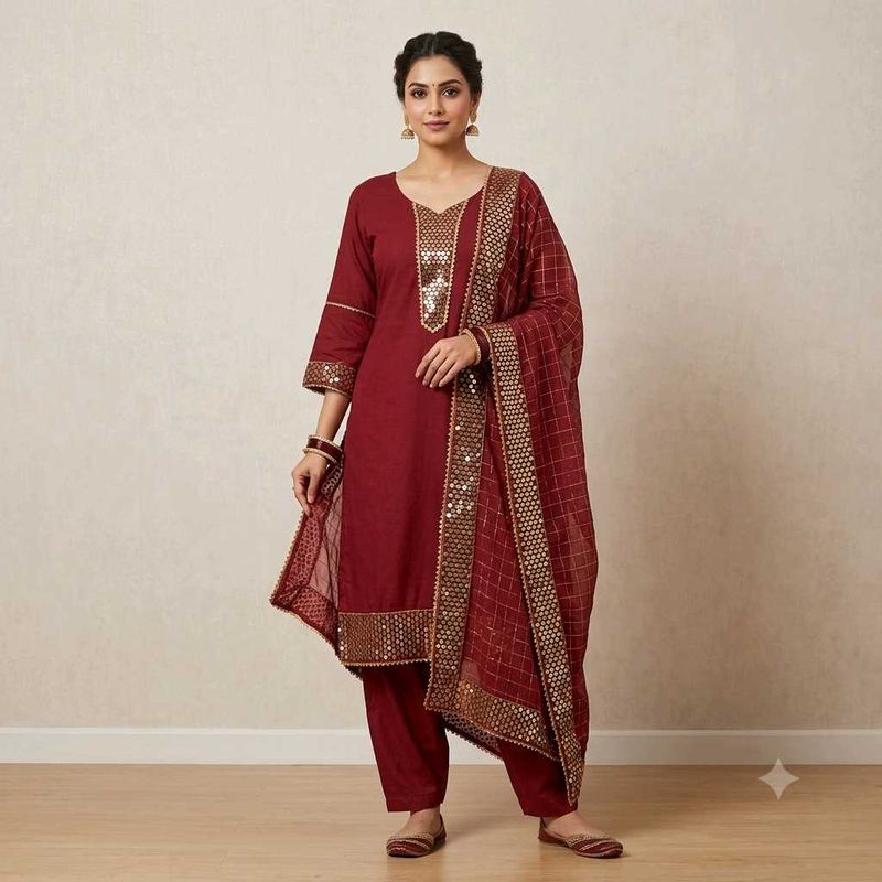 Elegant Maroon 🅰️Kurta Set with Sequins