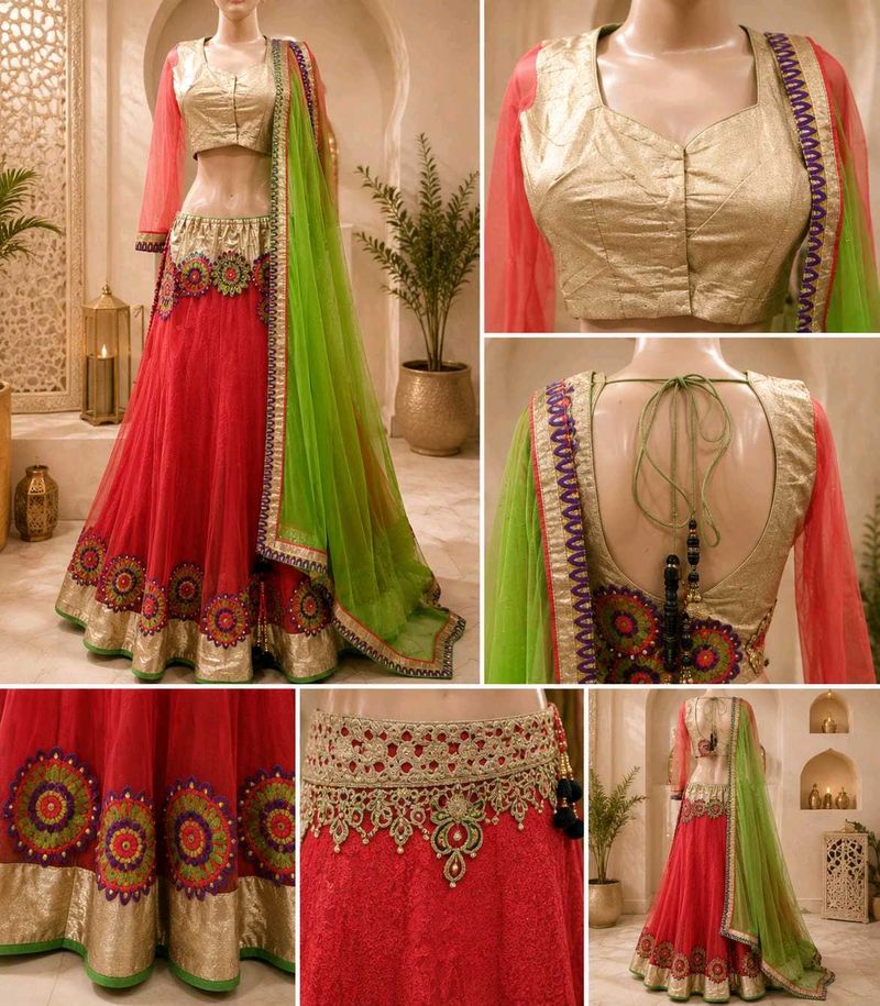 Stunning Red &amp; Green Embroidered Lehenga Choli Set