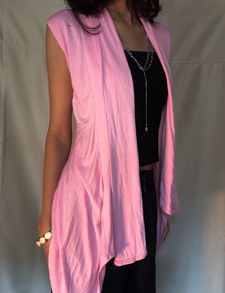 Pink Sleeveless Waterfall Cardigan