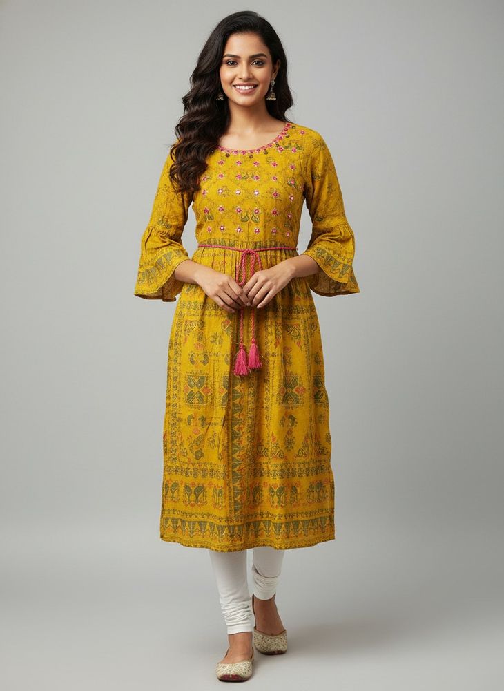 SALE - Yellow Printed Kurta with Mirror Work