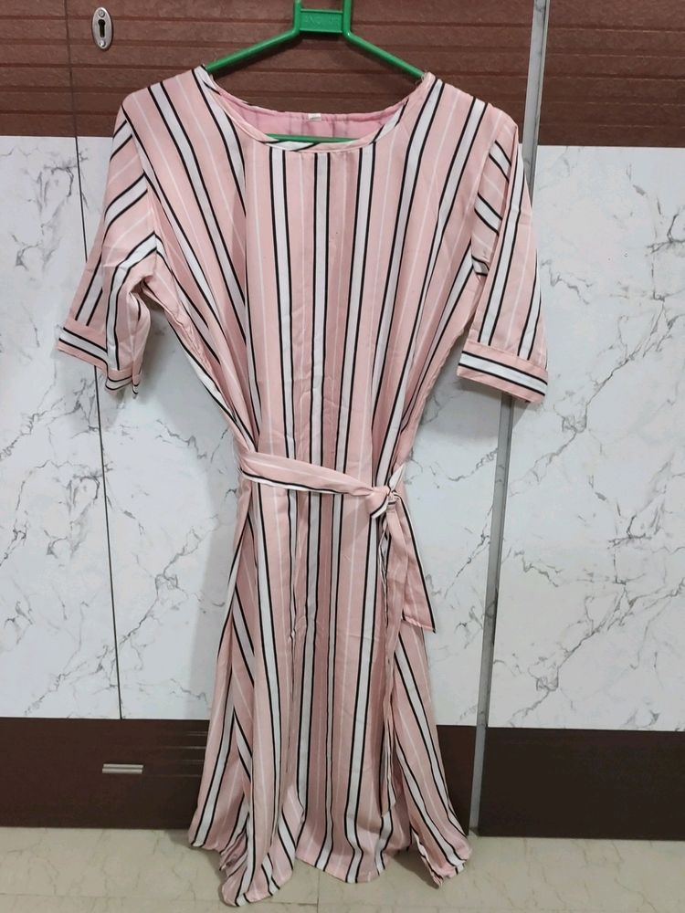 Peachy Pink Midi Dress With Belt