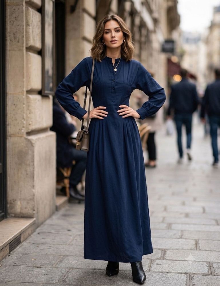 korean Elegant Navy Blue Long Sleeve Dress