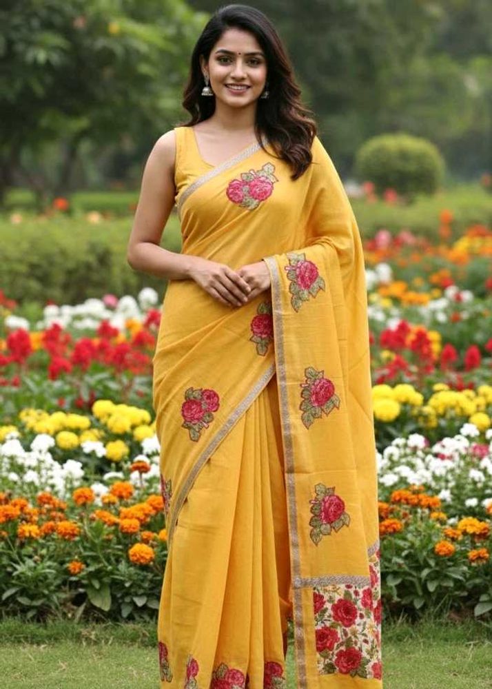 New trendy Yellow Flower printed saree