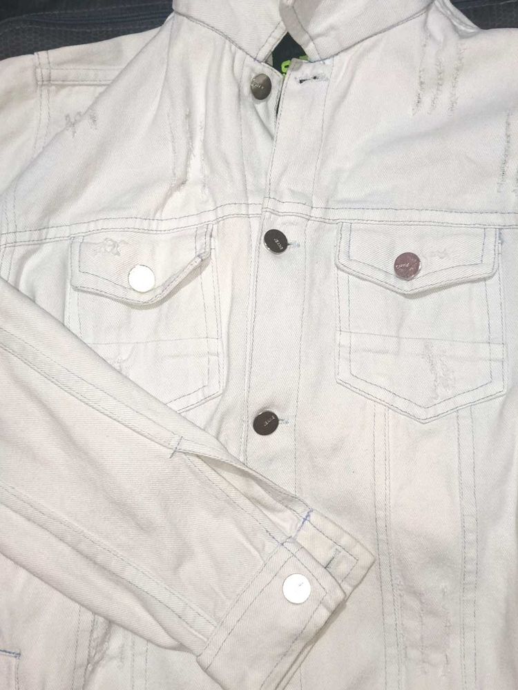 Cream Distressed Denim Jacket
