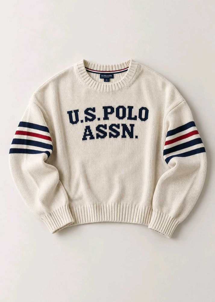 CREAM U.S. POLO STRIPED SLEEVE SWEATER