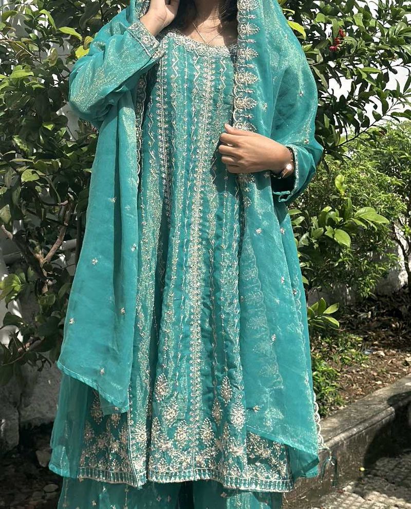 Elegant Aqua Embroidered Kurta Set