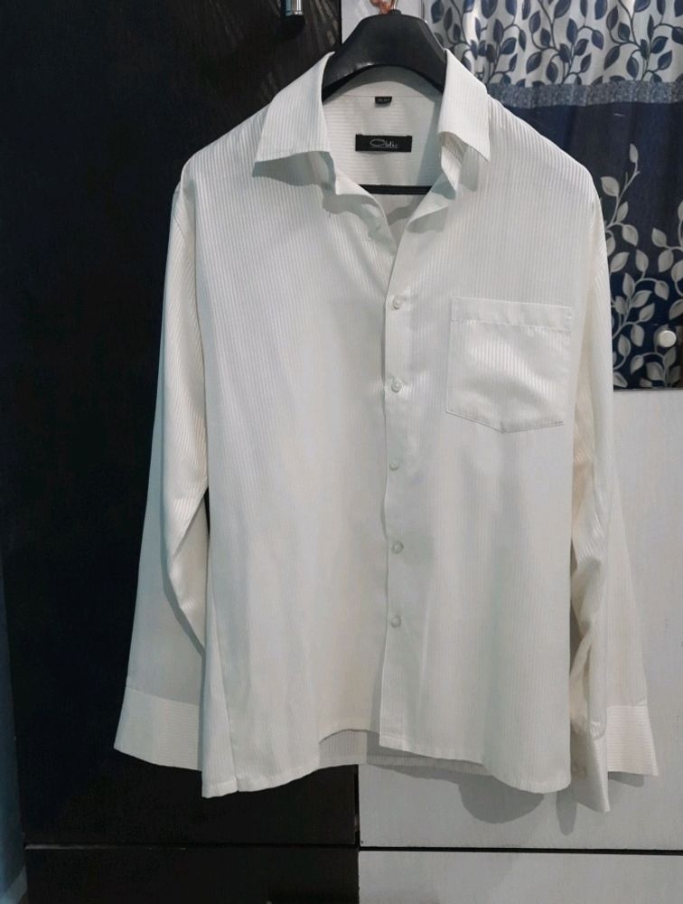 White Self Strip Shirt Size L