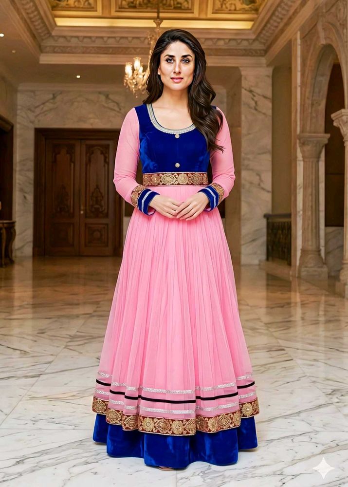 Elegant Pink &amp; Blue Anarkali Gown