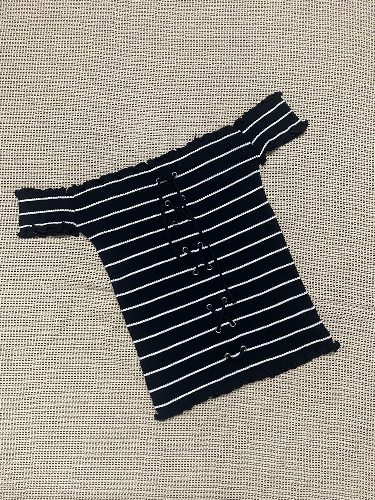 Striped Off-Shoulder Lace-Up Top