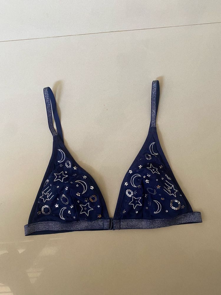 Navy Blue Star &amp; Moon Print Bra
