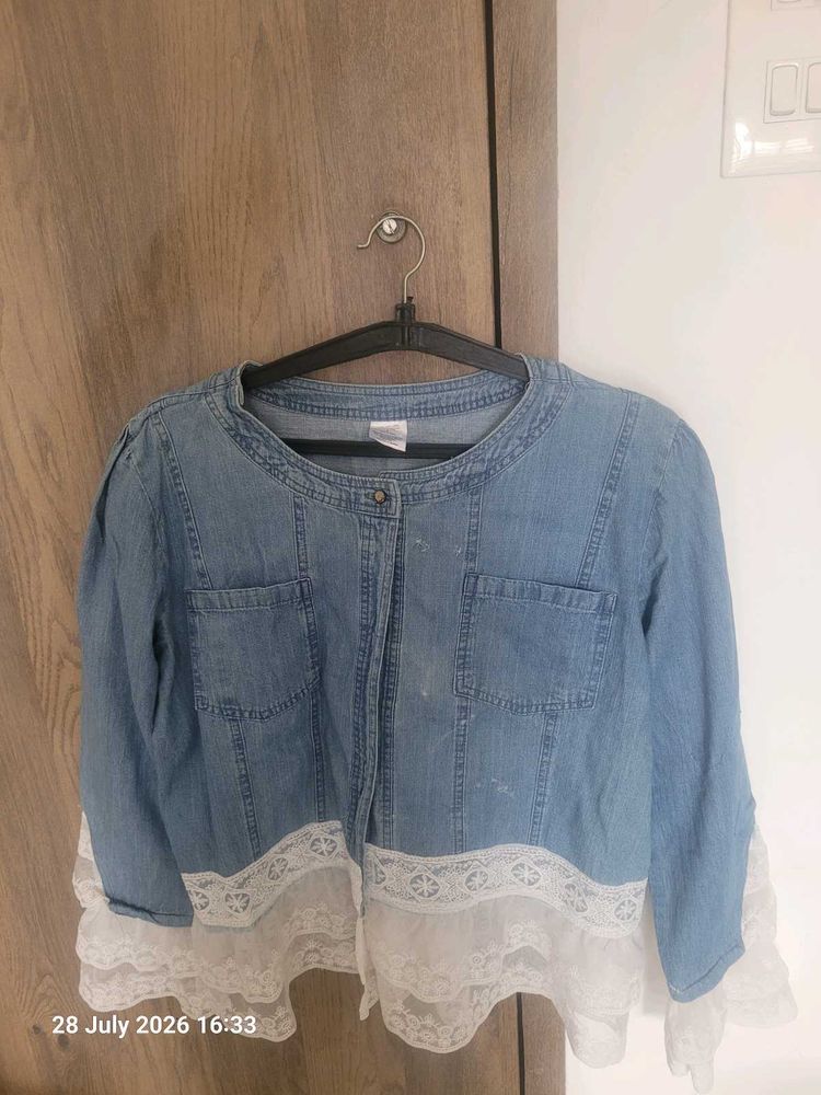 Denim Jacket with Lace Trim